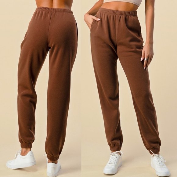 NEW Chocolate Brown High Waist Side Pockets Relaxed Fleece Jogger Sweat Pants - Picture 8 of 9